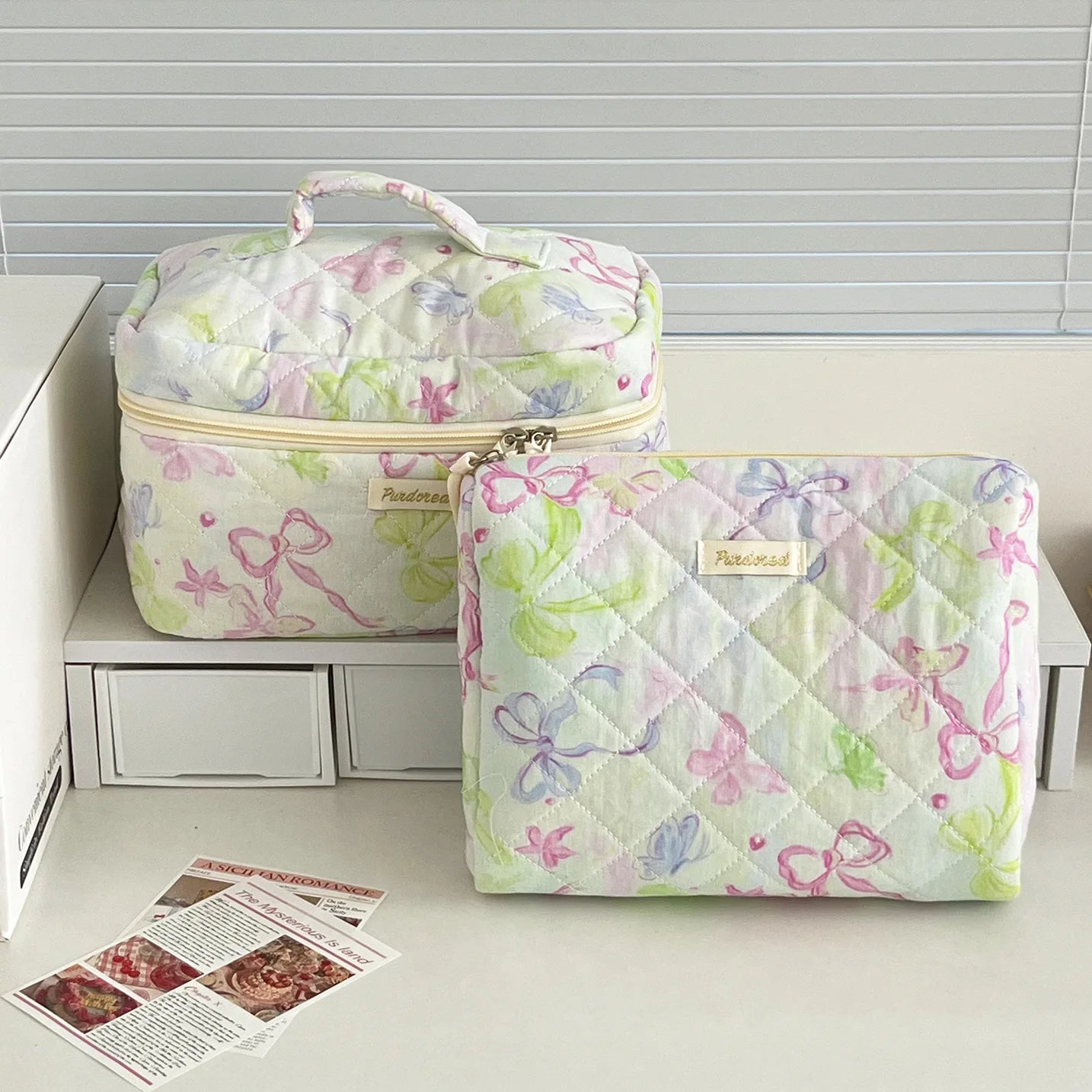 Quilted Bow Print Make Up Bag Set Creative Femininity