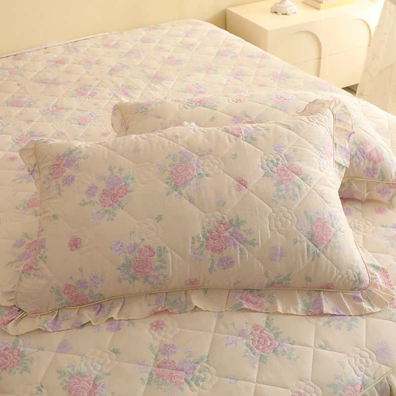 Shabby Chic Quilted Floral Pillowcase With Ruffle Edge - All Colours