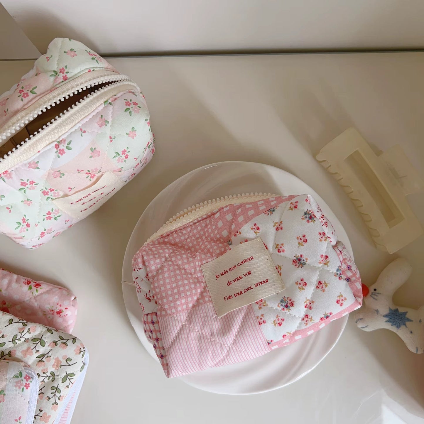 Pink Patchwork Quilted Makeup Bag Creative Femininity