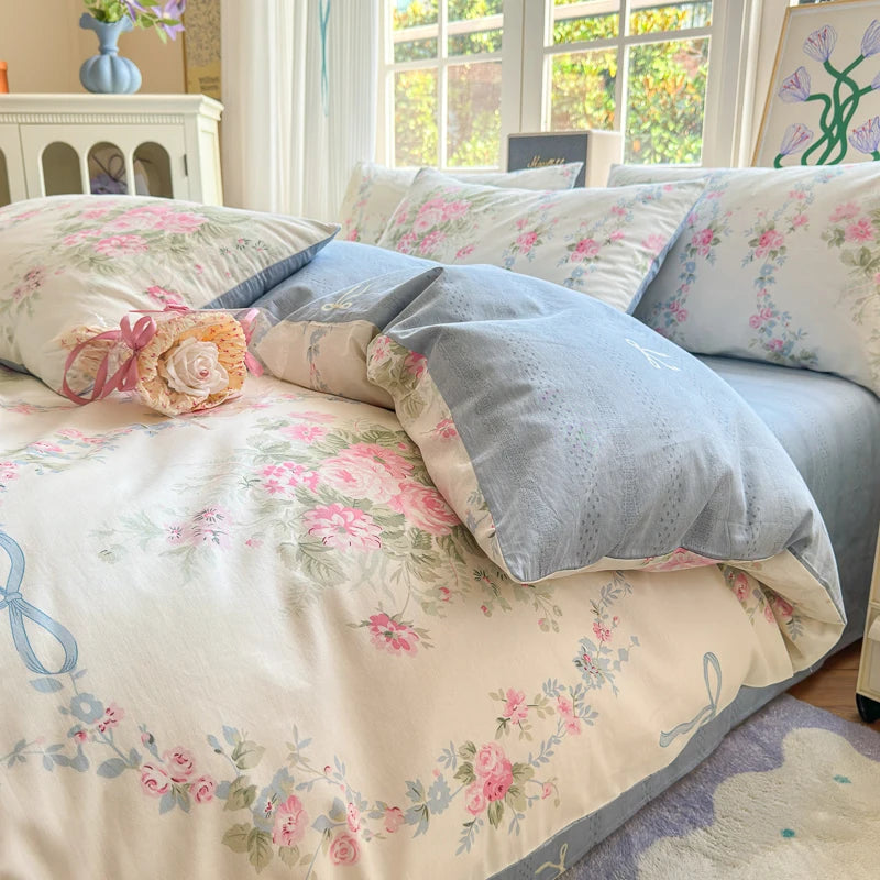 100% Cotton Rose & Ribbon Duvet Cover Set