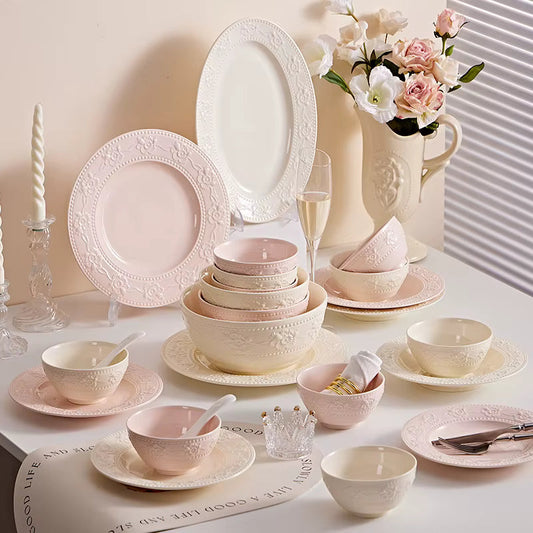 Pink & Cream Embossed Vintage Dinnerware Set Creative Femininity