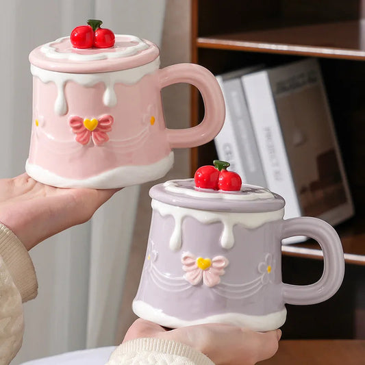 Hand Painted Cherry Cake Ceramic Cup with Lid Creative Femininity