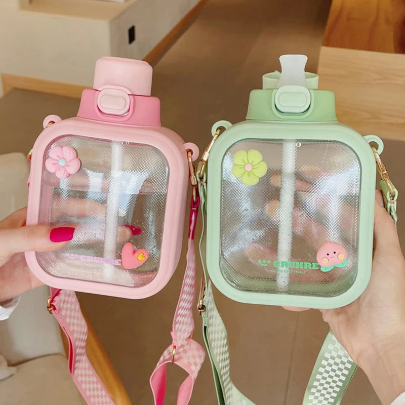 Kawaii Water Bottle With Straw & Strap