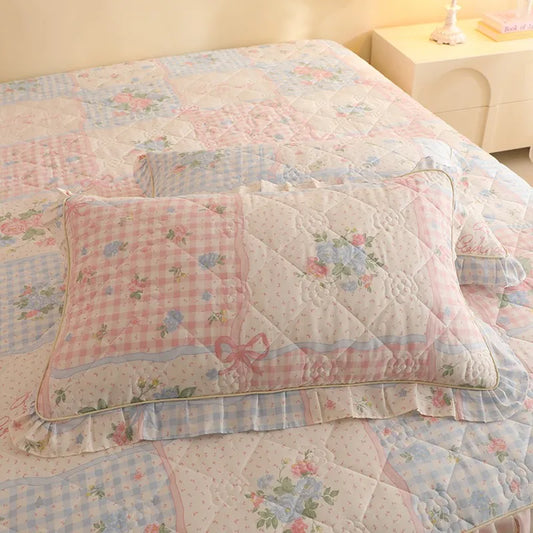 Shabby Chic Quilted Floral Pillowcase With Ruffle Edge - All Colours