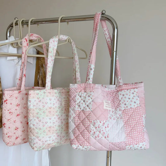 Pink Patchwork Quilted Tote Bag