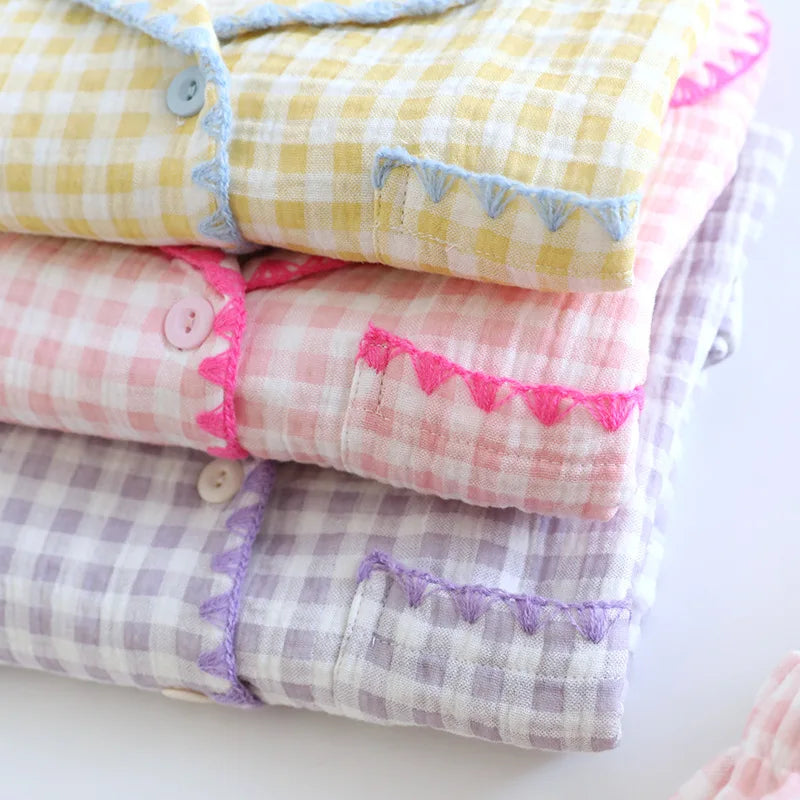 Cotton Gingham Trim Pyjama Set Creative Femininity