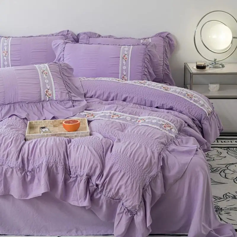 Pink Floral Embroidery Lace Ruched Bed Set