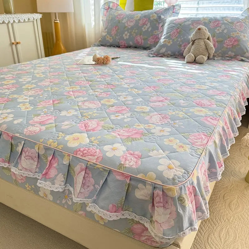 Quilted Floral Fitted Bed Sheet With Ruffle Edge - All Colours