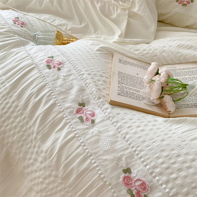 Pink Floral Embroidery Lace Ruched Bed Set