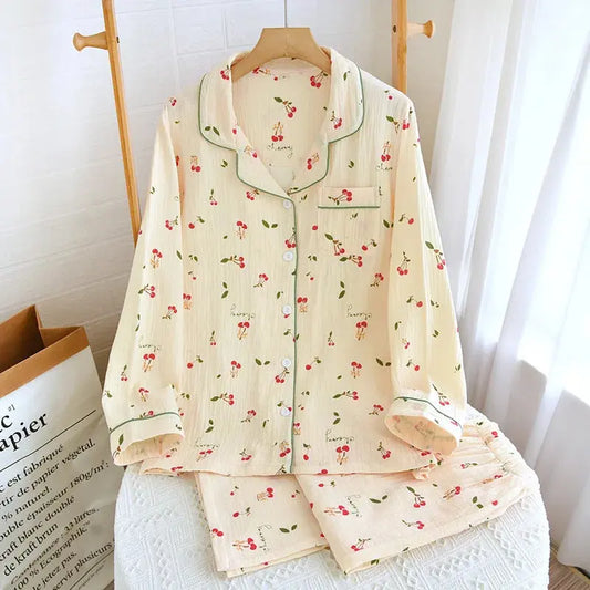 Red Cherry Print Cotton Pyjamas Creative Femininity