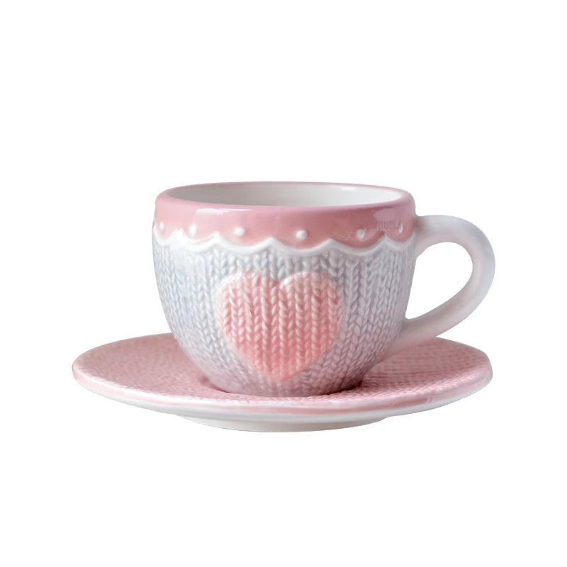 Pink Knit Heart Tea Cup And Saucer Set Creative Femininity