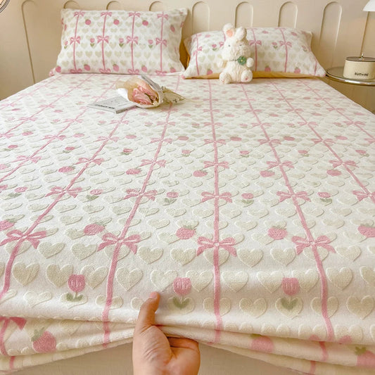 Pink Bow Fleece Bed Sheet & Pillowcase Creative Femininity