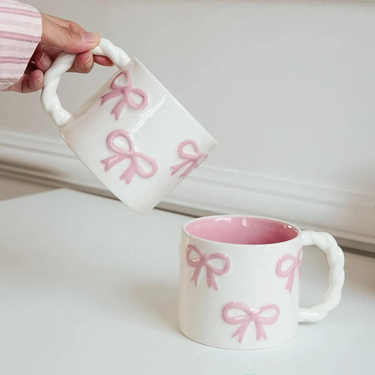 White Ceramic Mug With Pink Bows Creative Femininity