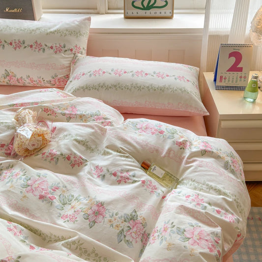 Premium 100% Cotton Duvet Cover Set - 1 Duvet Cover + 2 Pillowcases Wrinkle Resistant,Cozy Breathable Bedding Set Single/Double Creative Femininity