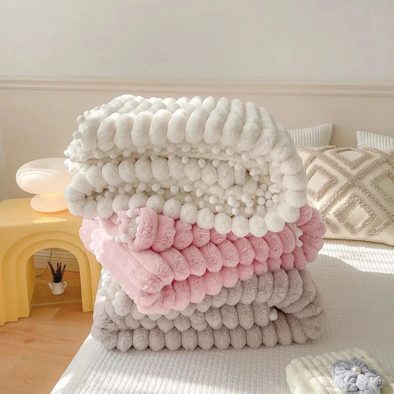 Pom Pom Plush Bed Throw - Cream/Pink/Grey