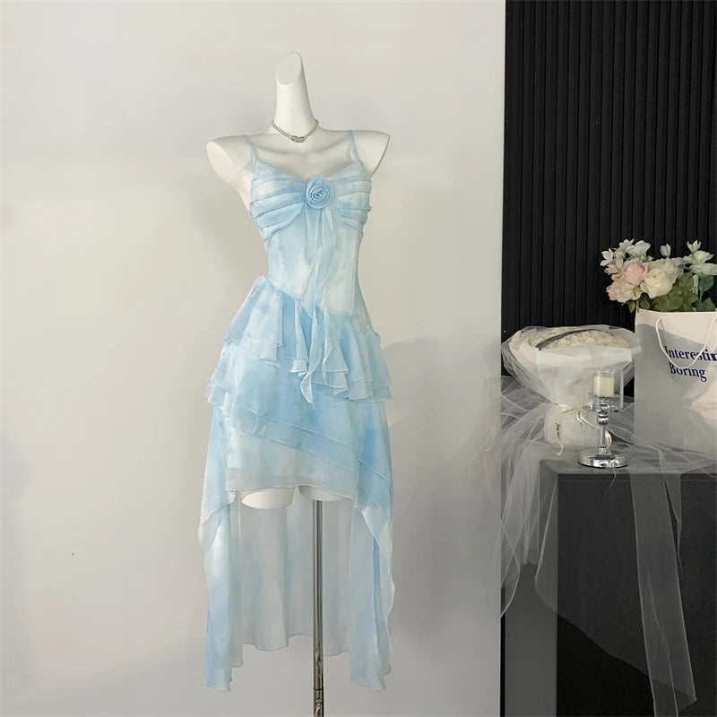 Blue Floral Ruffle Mini Dress Creative Femininity