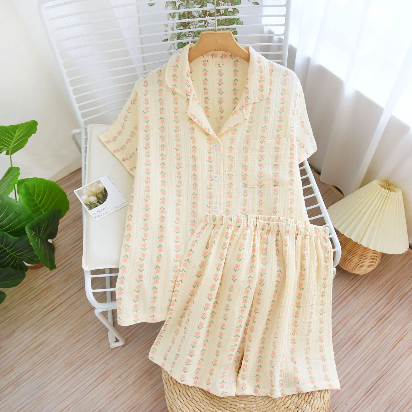Yellow cotton floral pajamas
