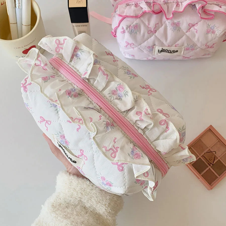 Quilted Ruffle Ribbon Makeup Case