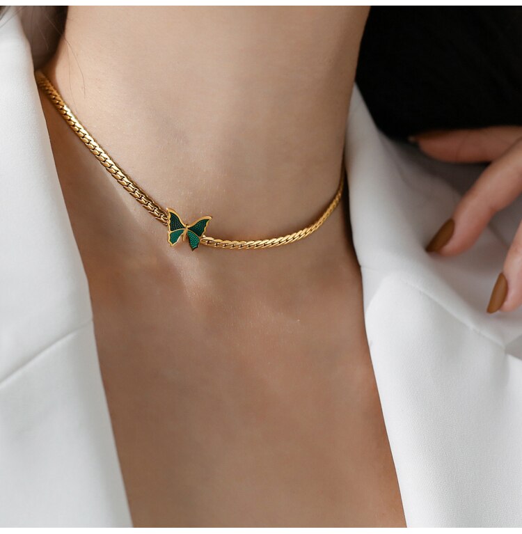Green Butterfly Charm Necklace