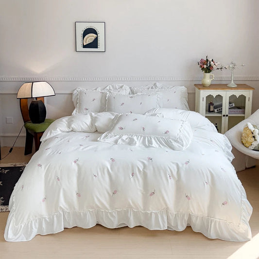 Rose Embroidered Ruffle Bed Set - White/Pink/Green/Blue Creative Femininity