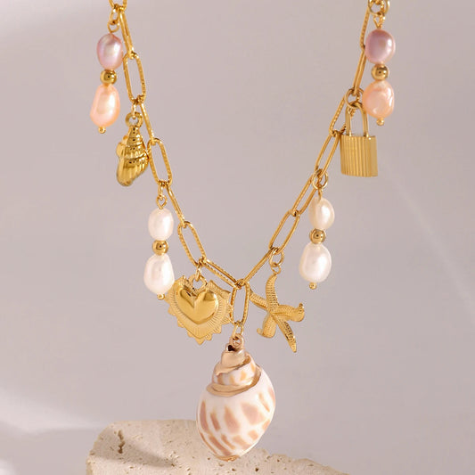 Gold Charm & Pearl Necklace Creative Femininity