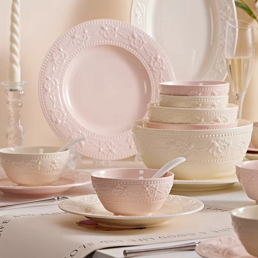 Pink & Cream Embossed Vintage Dinnerware Set Creative Femininity