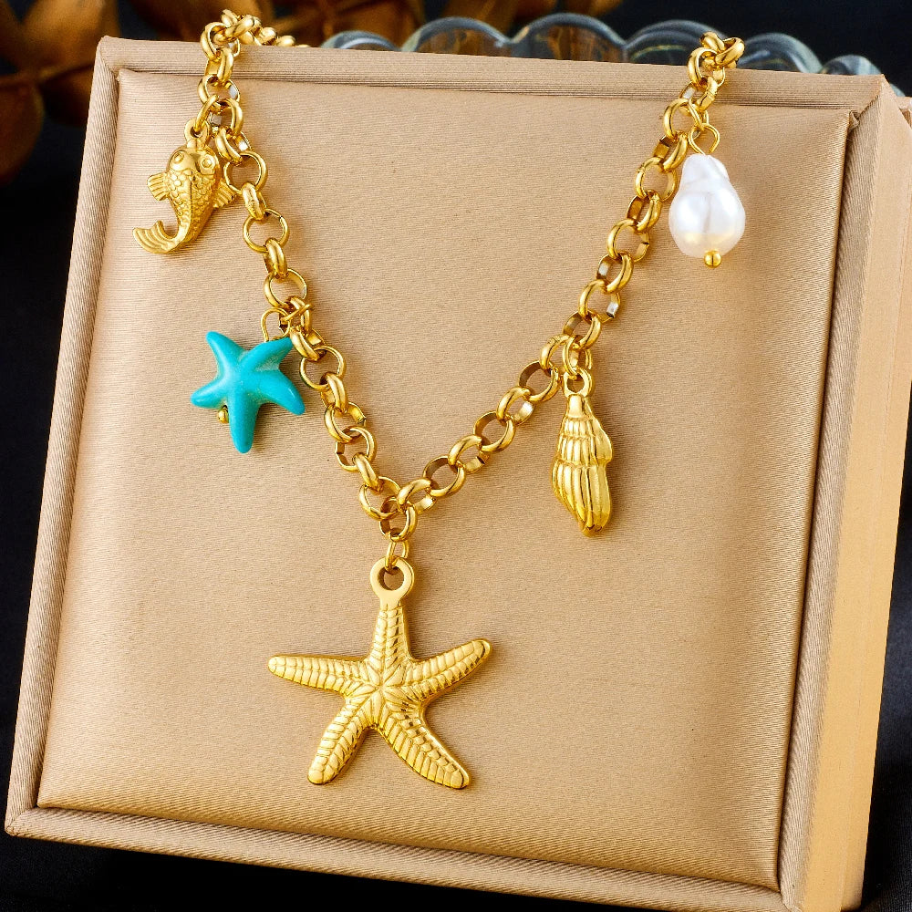 Turquoise & Gold Starfish Necklace Creative Femininity