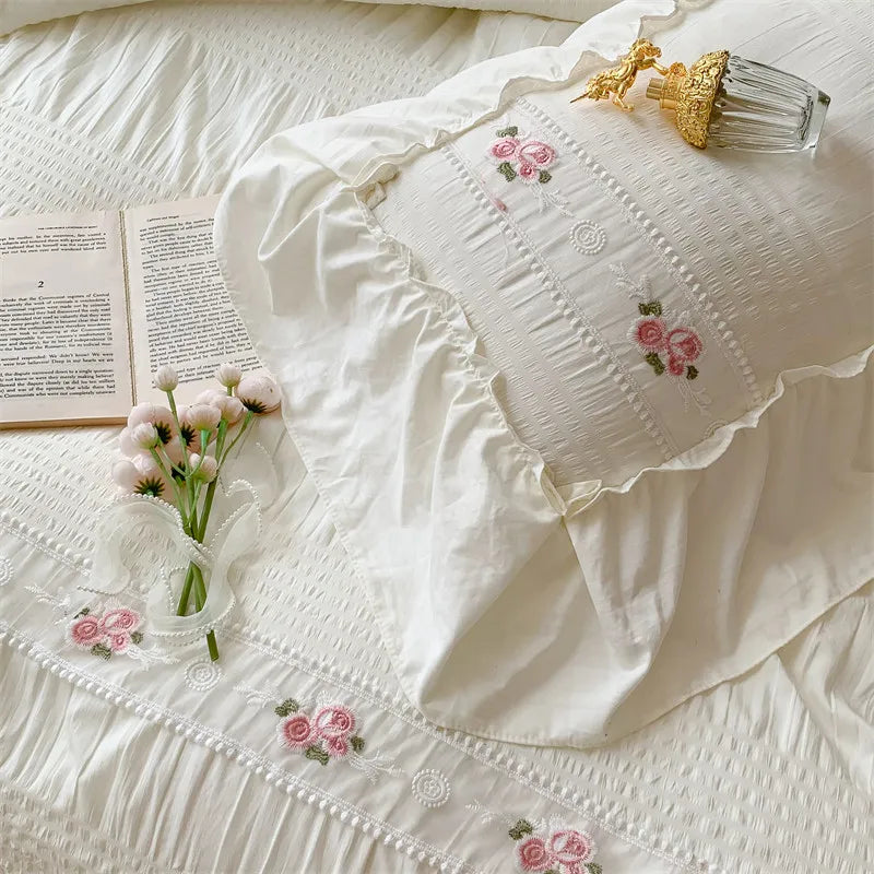 Pink Floral Embroidery Lace Ruched Bed Set