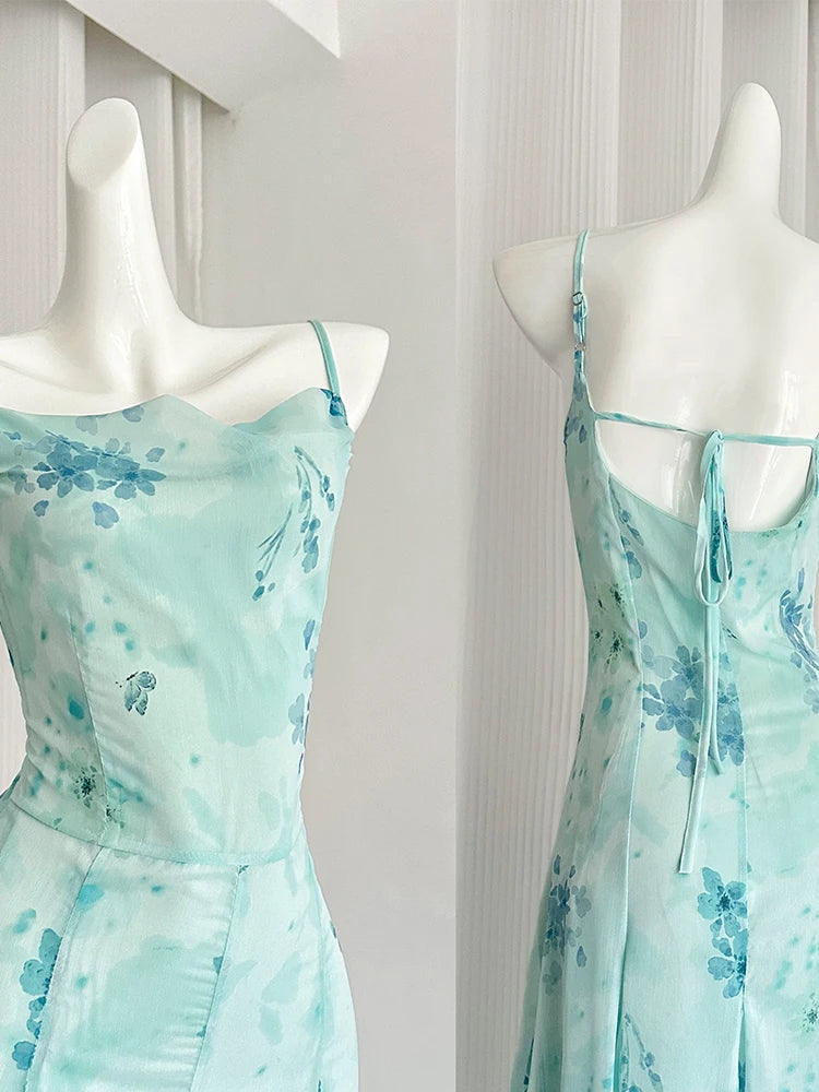 Blue Floral Midi Slip Dress Creative Femininity