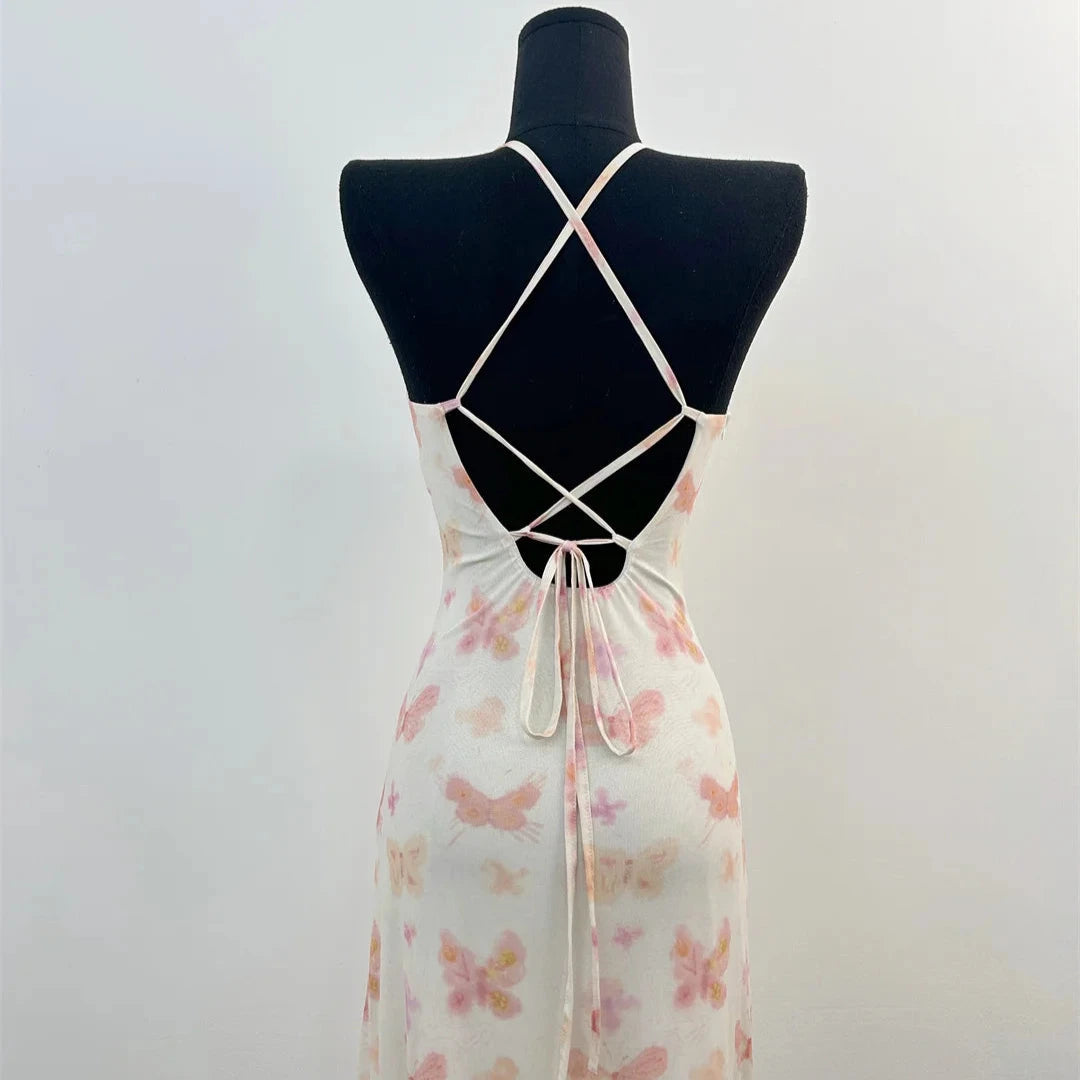 Romantic Strappy Butterfly Midi Dress Creative Femininity