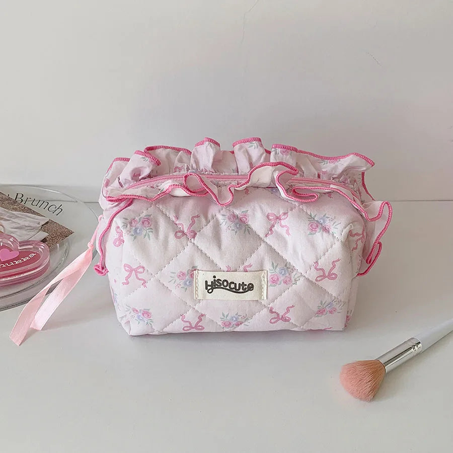 Quilted Ruffle Ribbon Cosmetic Bag Creative Femininity