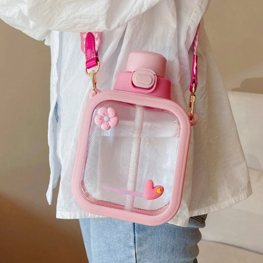 Kawaii Water Bottle With Straw & Strap Creative Femininity