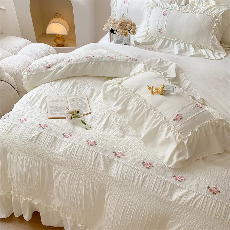 Pink Floral Embroidery Lace Ruched Bed Set