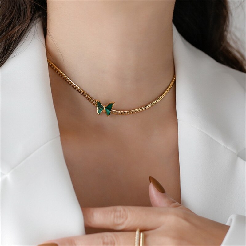Green Butterfly Charm Necklace