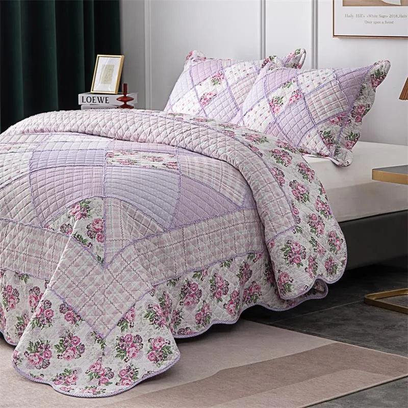 Floral Print Cotton Quilted Bedspread - Pink/Purple