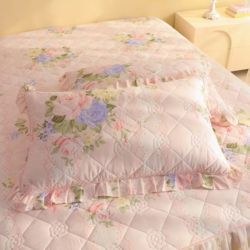 Shabby Chic Quilted Floral Pillowcase With Ruffle Edge - All Colours