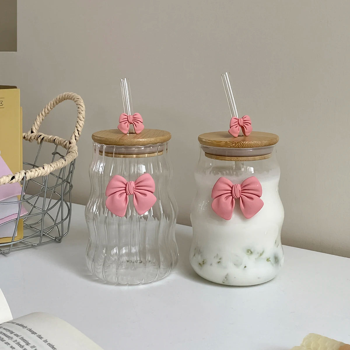 Pink Bow Glass Cup With Lid & Straw