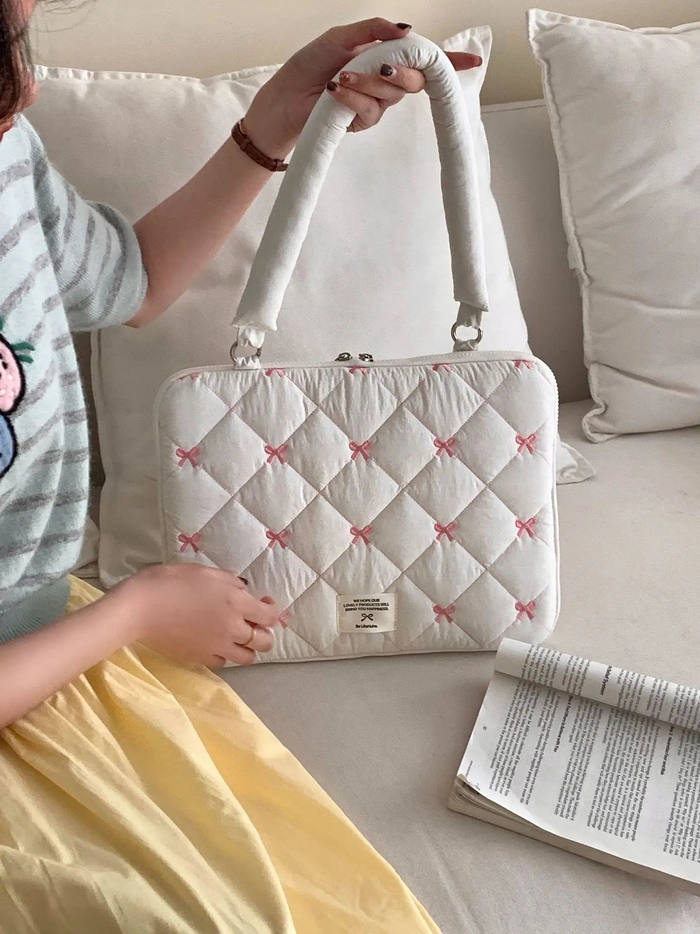 Pink Bow Quilted Laptop Bag Creative Femininity