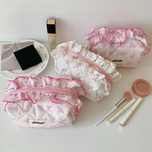 coquette ruffle ribbon make up pouch