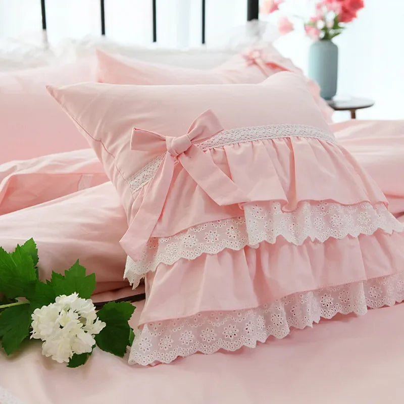 lace ruffle pillow with pink bow