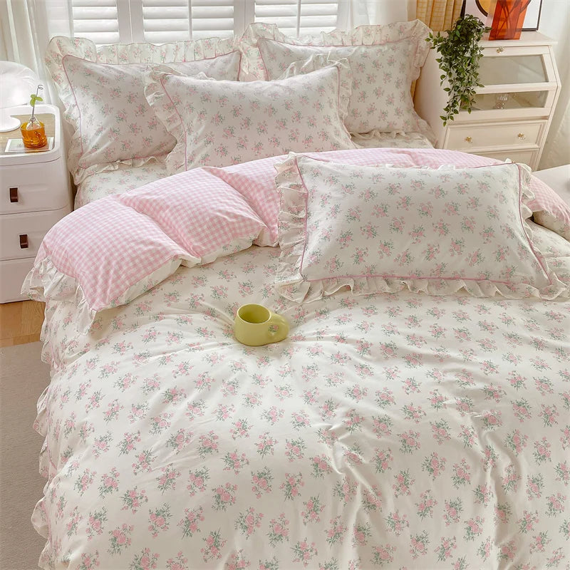 pink floral frilly duvet set