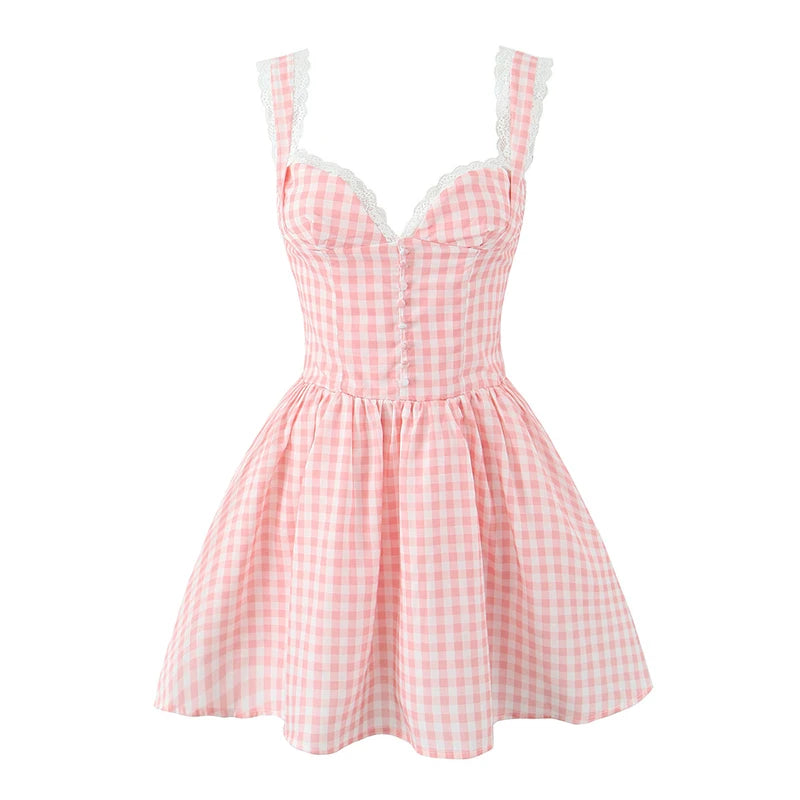 Pink Plaid Milkmaid Mini Dress: Flowy & Feminine Style Creative Femininity Pink Plaid Milkmaid Mini Dress: Flowy & Feminine Style Creative Femininity