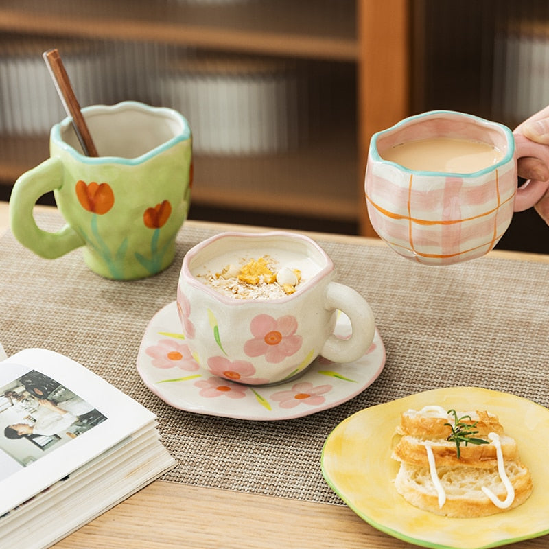 floral hand made coffee mug and matching plate