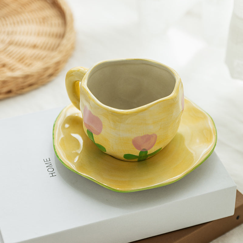 pink floral yellow mug and saucer