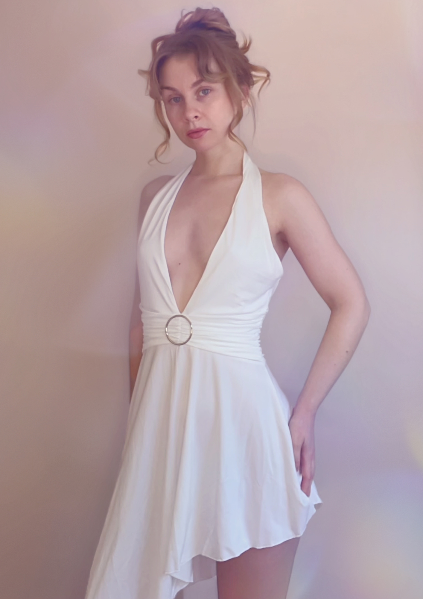 White Deep Plunge Slinky Dress