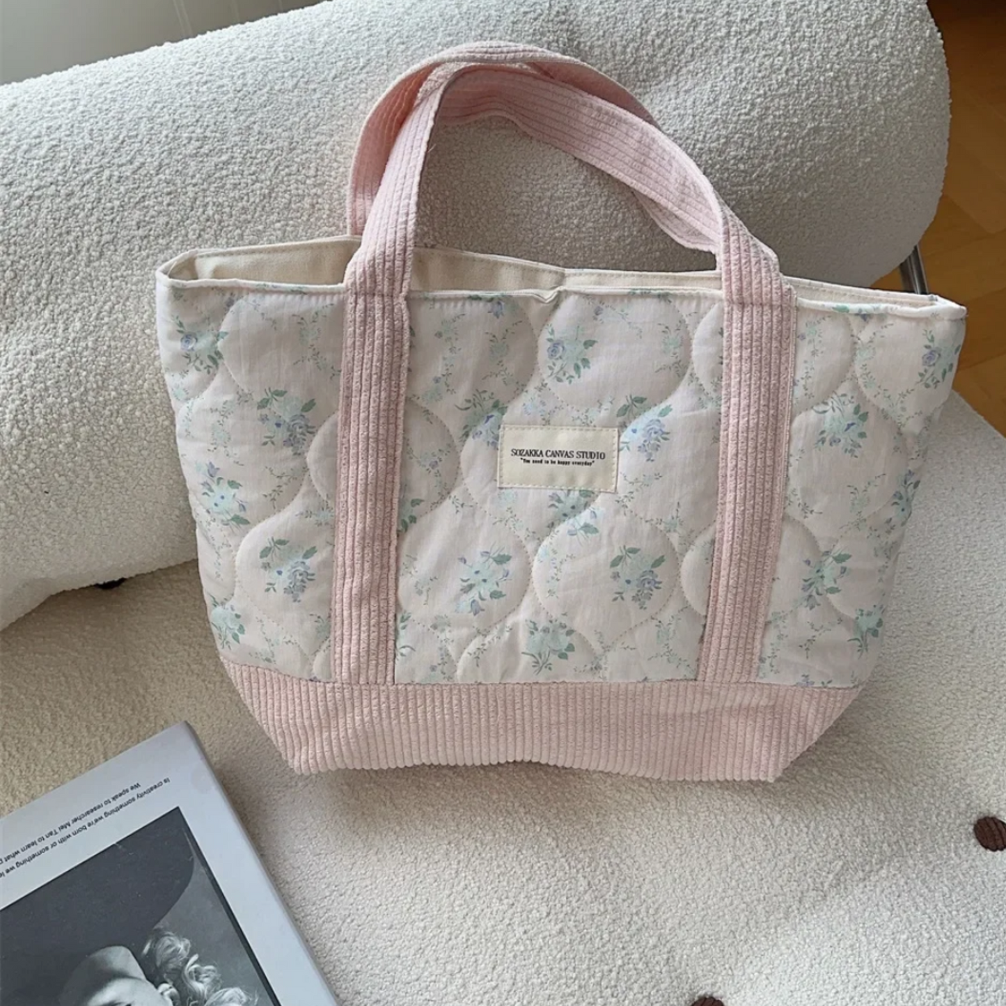 Retro Floral Quilted Tote Bag