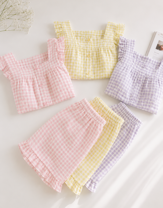 Gingham Short Pj Set - Pink/Yellow/Purple CreativeFemininity