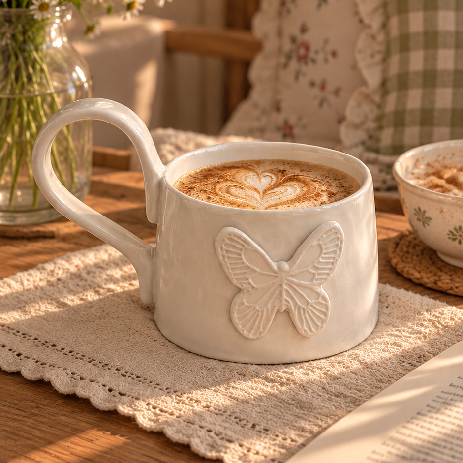 Whimsical Embossed White Ceramic Mug Creative Femininity