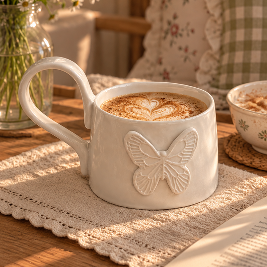 Whimsical Embossed White Ceramic Mug Creative Femininity