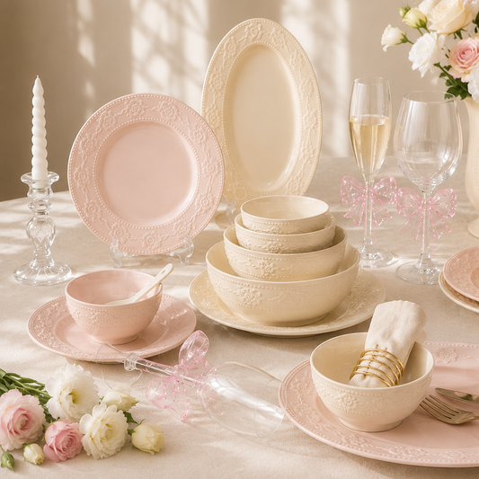 Pink & Cream Embossed Dinnerware Set Creative Femininity